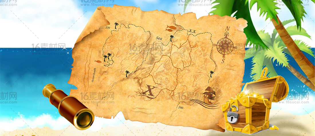 卡通地图宝藏椰树墙体彩绘psd分层素材