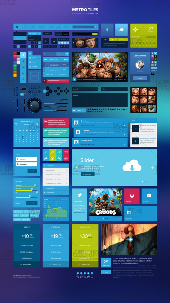 蓝色扁平化网页设计元素psd分层素材