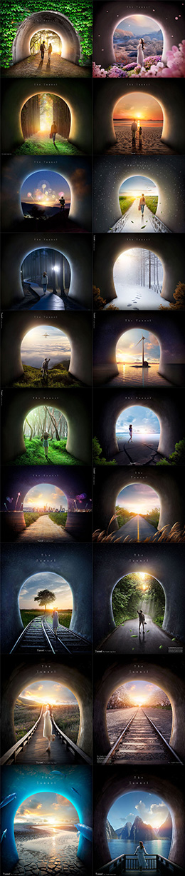 创意隧道外的风景合成海报PSD分层素材