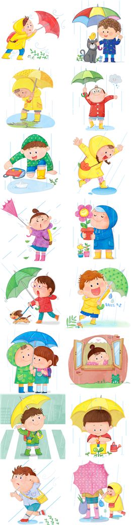 17个雨中嬉戏的卡通儿童插画PSD分层素材