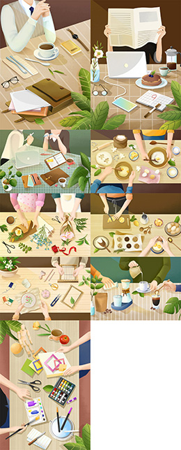 9款手绘美食场景插画PSD分层素材