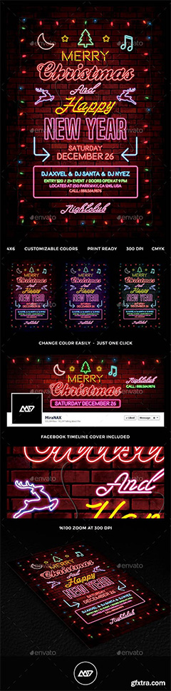 霓虹灯效果圣诞节宣传海报PSD分层素材