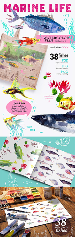 可爱水彩鱼类绘画PSD分层素材