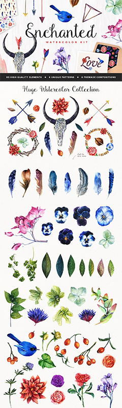 100+迷人的水彩花鸟植物元素PSD分层素材