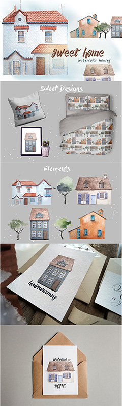 水彩手绘可爱冬季房子PSD分层素材