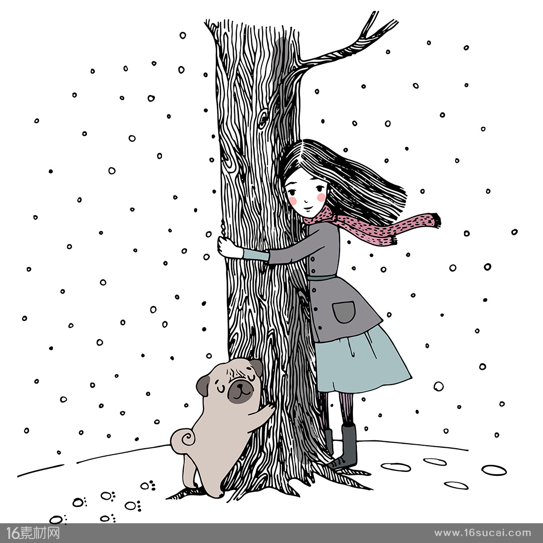 抱着大树的小女孩和小狗手绘矢量素材