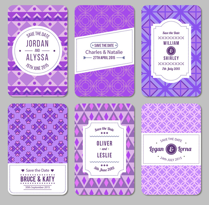 6款紫色欧式婚礼卡片矢量素材