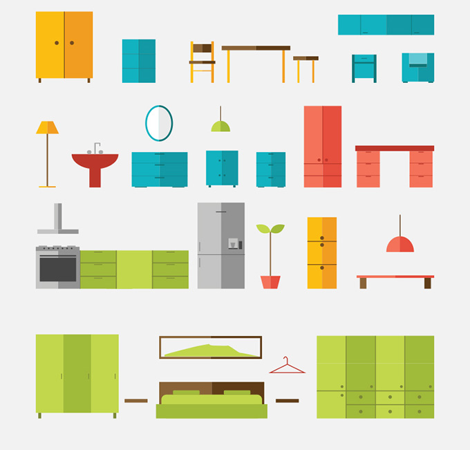 30款彩色扁平化家具设计矢量素材