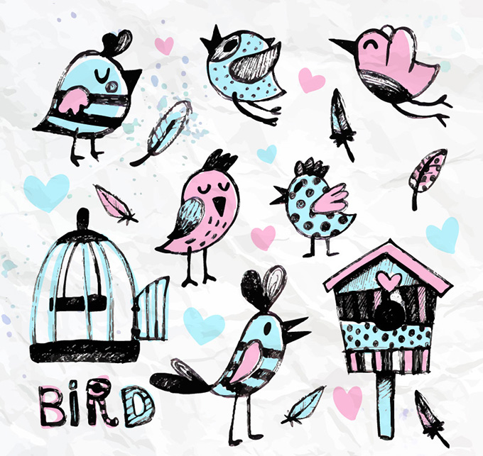 8款水彩绘小鸟和鸟笼矢量素材