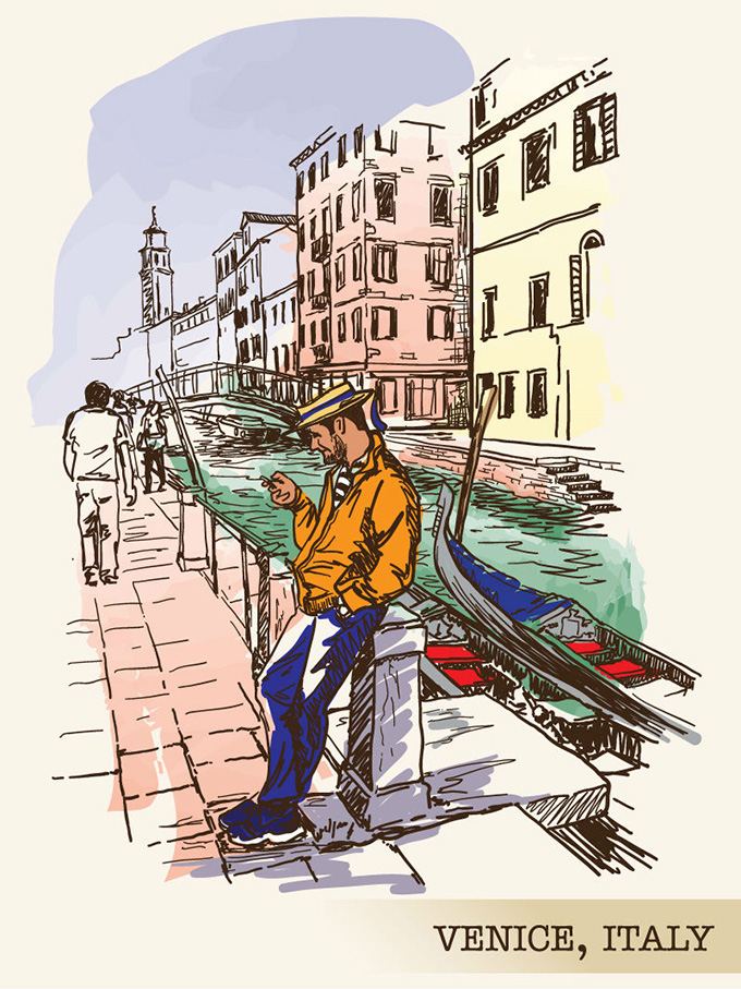 彩绘意大利威尼斯风景矢量素材
