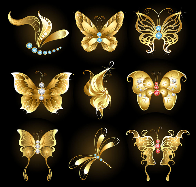 金色蝴蝶蜻蜓插画矢量素材