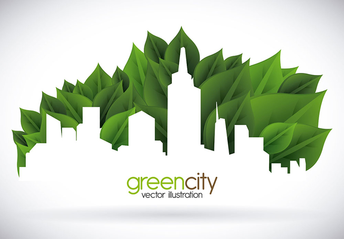 绿色叶子与城市剪影矢量素材
