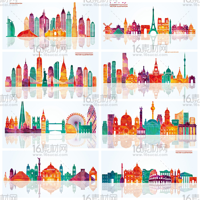 世界各国城市建筑插画矢量素材