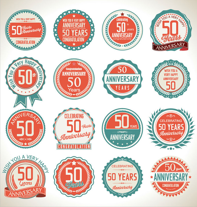 16款彩色50周年纪念标签矢量素材