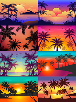 彩色棕榈树剪影风景插画矢量素材