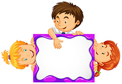 三个趴在紫色边框上的卡通儿童矢量素材