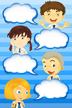 蓝色条纹背景上的云朵边框和卡通儿童矢量素材