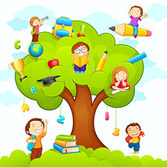绿色大树上学习的卡通儿童矢量素材