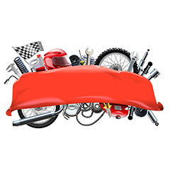 红色横幅遮挡的摩托车修理工具矢量素材