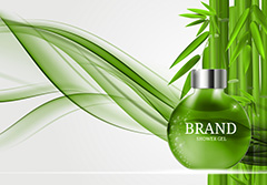 绿色竹叶背景上的护肤品广告模板矢