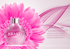 粉色花背景上的玻璃瓶香水广告模板矢量素材