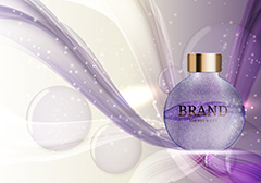 紫色与灰色背景上的玻璃瓶香水广告
