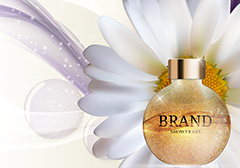 菊花背景上的玻璃瓶金色香水广告模