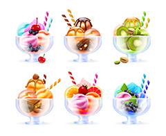 六只玻璃杯里的美味水果冰淇淋矢量素材