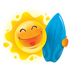 拿着冲浪板开心微笑的太阳矢量素材