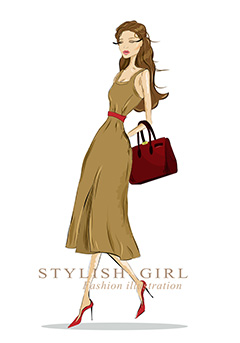 穿着棕色连衣裙拿着挎包的时尚美女矢量素材