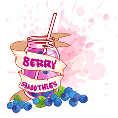 玻璃瓶中的蓝莓果汁饮品和喷溅的果汁矢量素材