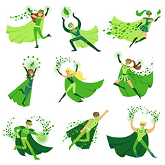 多款不同形态的绿色卡通男女超级英雄矢量素材