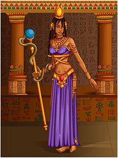 站在古埃及宫殿中拿着宝石权杖的女