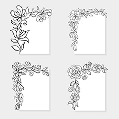 黑白手绘植物花纹边角边框矢量素材