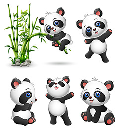 骑着竹子玩耍的可爱卡通大熊猫矢量