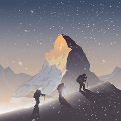 风雪中向山顶攀登的三个徒步旅行者矢量素材