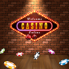 砖墙上的菱形霓虹灯赌场招牌和漂浮的彩色抽象矢量素材