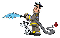 拿着消防管的消防员和小狗矢量素材
