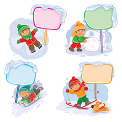 四款在雪上玩耍的卡通男孩和彩色路牌矢量素材