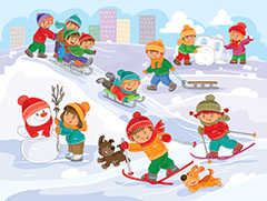在雪地上开心玩耍的卡通儿童矢量素材