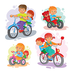 四款多彩卡通儿童骑单车矢量素材