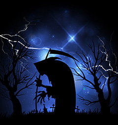 蓝色夜空下的枯树和拿着武器的妖怪矢量素材