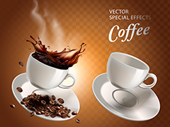 咖啡杯里喷溅的咖啡和咖啡豆矢量素材