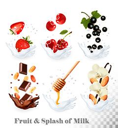 飞溅的牛奶中九种不同的水果甜品矢量素材
