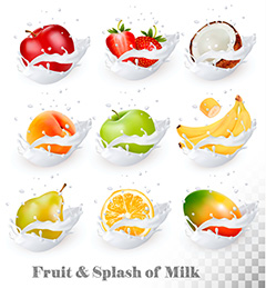飞溅的牛奶中九种不同的新鲜水果矢量素材