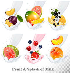 流淌的牛奶中九种不同的新鲜水果矢量素材