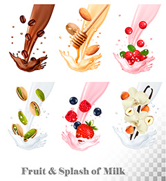 流淌的牛奶中九种不同的水果干果矢量素材