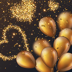 金色粒子心形气球和飘落的礼花碎片矢量素材