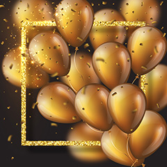 金色闪耀立体气球边框和飘落的礼花碎片矢量素材
