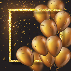 金色闪耀立体气球边框和飘落的金色碎片矢量素材